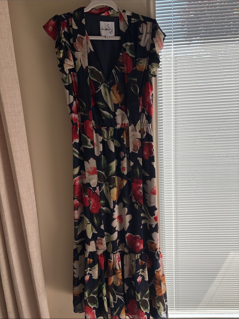 Sam Edelman Black Floral Maxi Dress with Red, White, Green Blooms